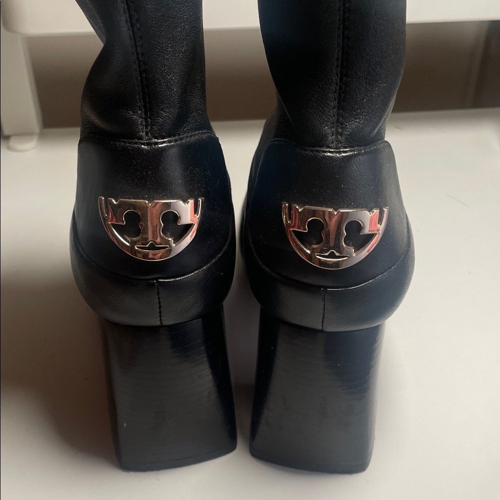Tory Burch Black Heeled Boots with Silver Accent Genuine Leather